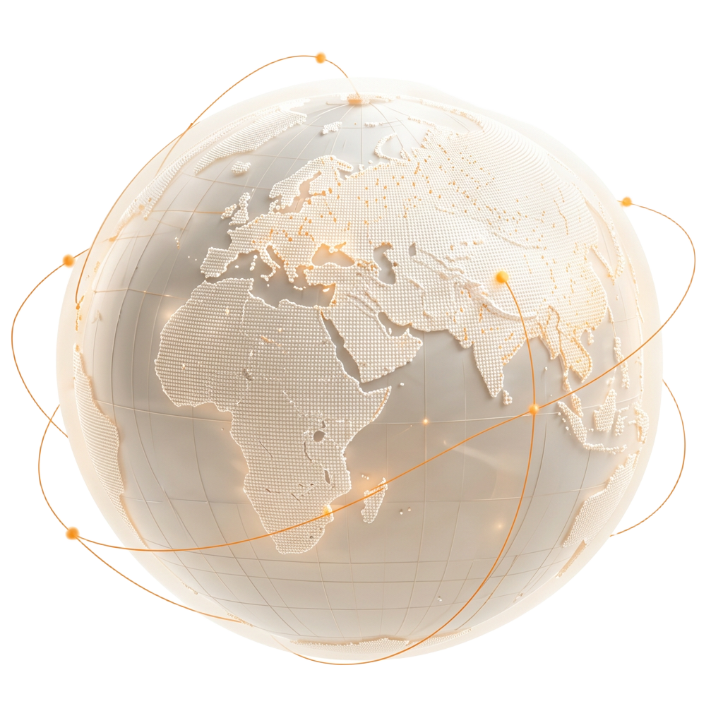 Softly illuminated Earth showing Europe, Africa and Asia with subtle orange sourcing connections